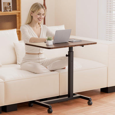 Small Standing Desk, 24 Inches Foldable Mobile Rolling Laptop PC Table with Lockable Casters, Adjustable Height Overbed Bedside Table Computer Workstation for Home Office, Walnut-Foldable