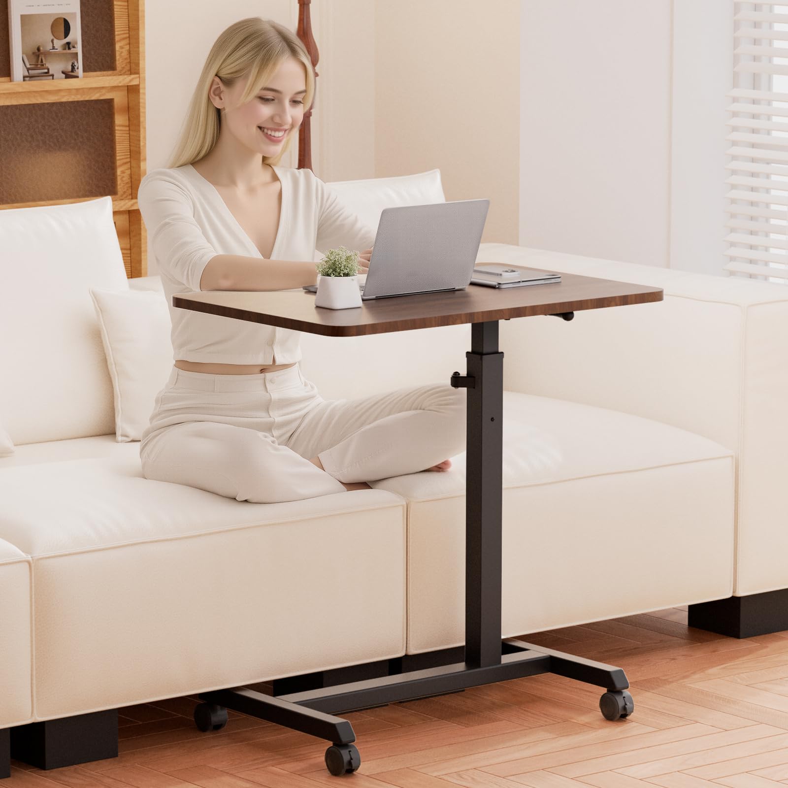Small Standing Desk, 24 Inches Foldable Mobile Rolling Laptop PC Table with Lockable Casters, Adjustable Height Overbed Bedside Table Computer Workstation for Home Office, Dark Brown-Foldable