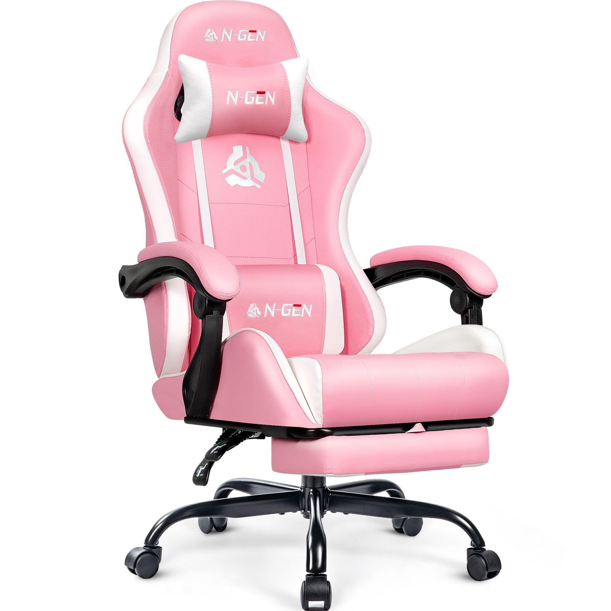 Video Gaming Chair with Footrest Lumbar Support for Home Office High Back Recliner Height Adjustable Ergonomic Comfy Leather Computer Desk Chair (Pink)