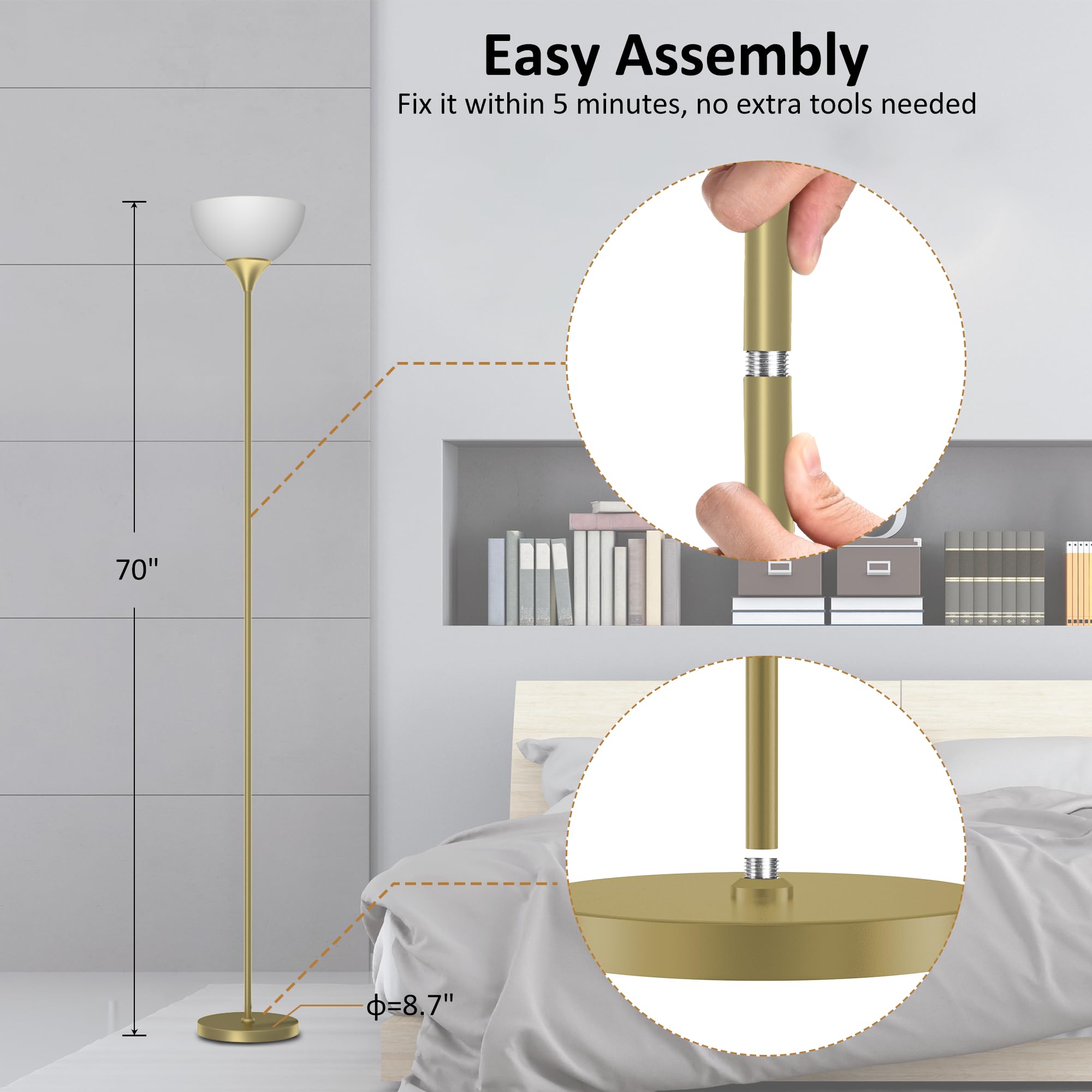 Floor Lamp, Remote Control with Stpeless Color Temperatures and Brightness, Torchiere lamp for Bedroom, Living Room, Bulb Included