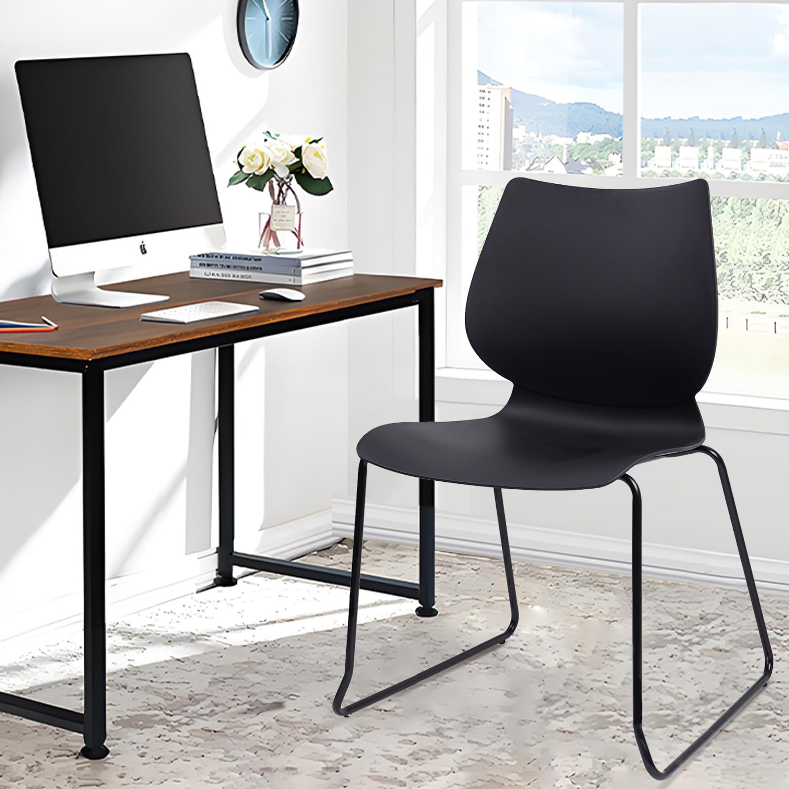 Set of 4, Black, Stackable Waiting Room Chair, Stacking Office Chair with Ergonomic Lumbar Support and Metal Legs, Plastic Desk Chairs for Conference School Church Guest Reception