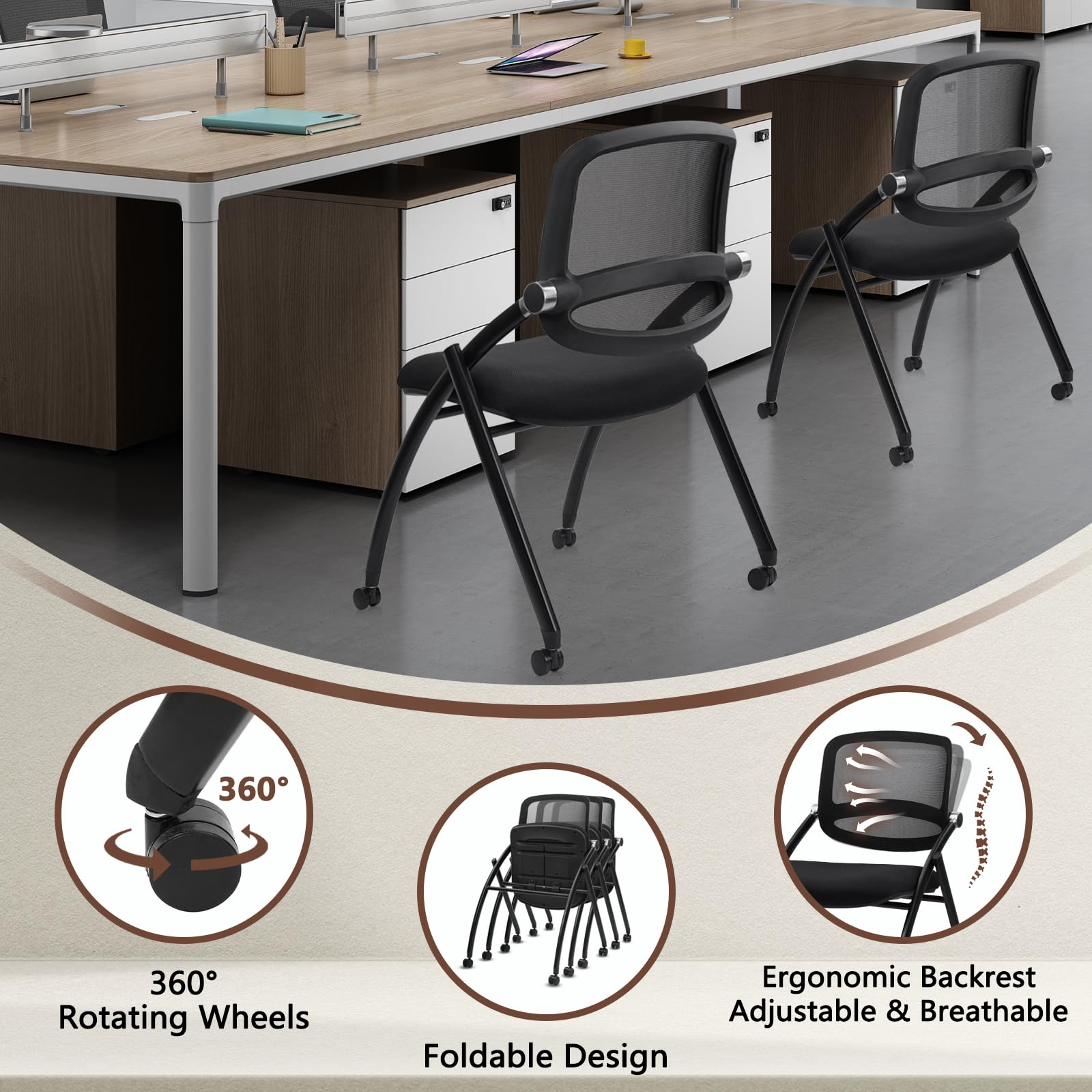 40PACK, Stackable & Foldable Chairs with Wheels, Reception Guest Chairs with Lumbar Support, Ergonomic Curved Mesh Back Folding Chair for Office Schools Conference Waiting Room, Black,