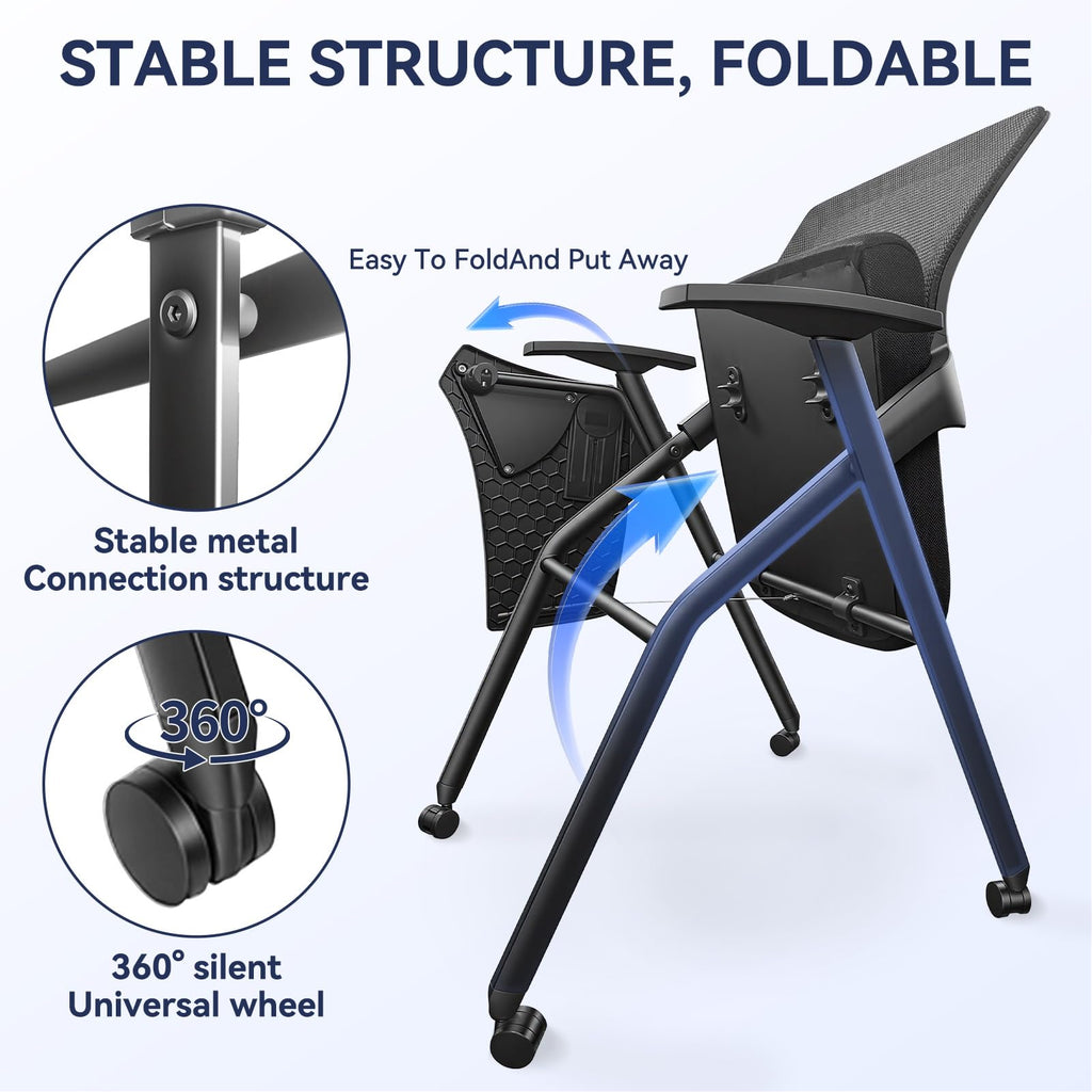 Ergonomic Foldable Office Chair with Breathable Mesh Back, Stackable Conference Chair - PU Wheels & Armrest for Guest, Meeting, Reception (Black) (Black-A)