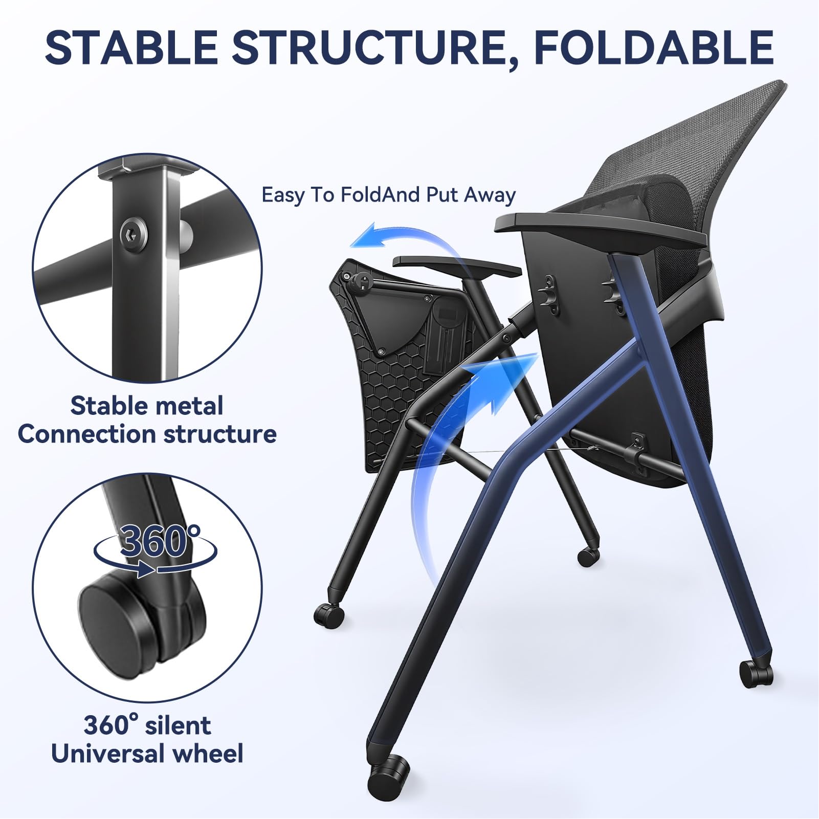 Ergonomic Foldable Office Chair with Breathable Mesh Back, Stackable Conference Chair - PU Wheels & Armrest for Guest, Meeting, Reception (Black) (Black-A)