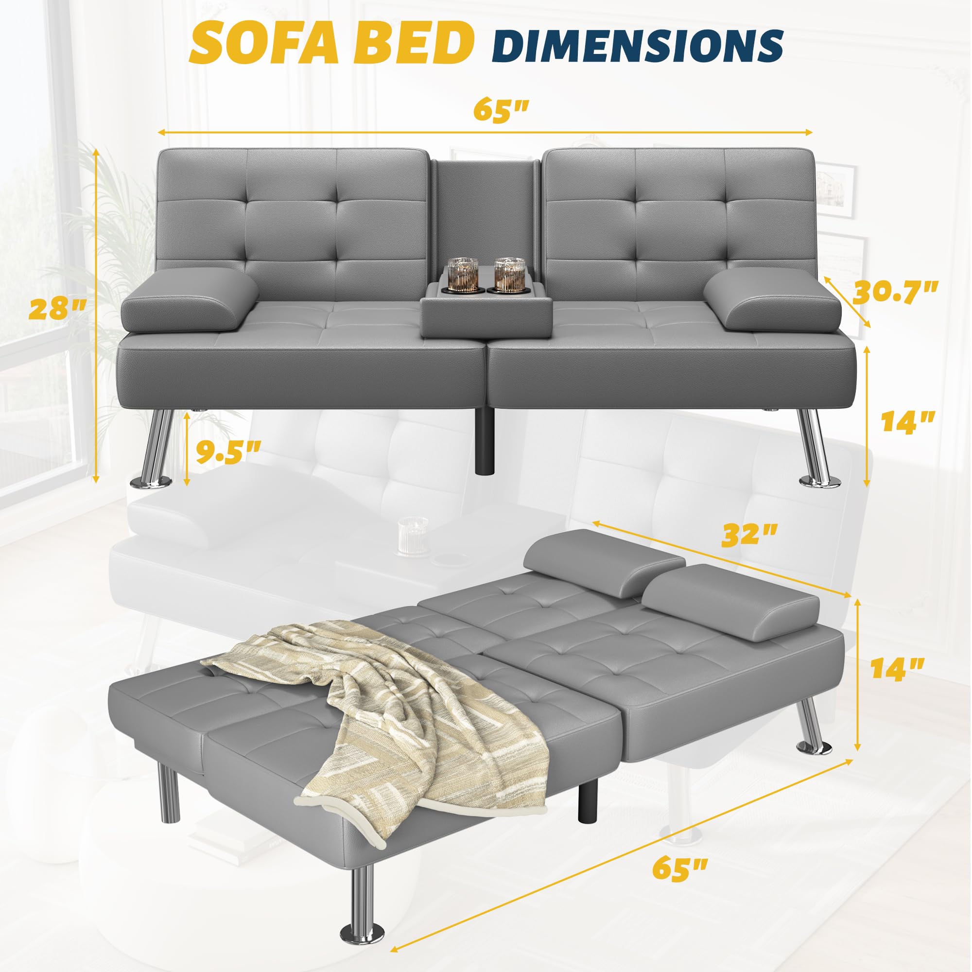 Sofa Bed Adjustable Futon Couch Sleeper Sofa Bed for Living Room, Business Office, Recliner Sofas with Cup Holders (PU Leather, Gray)