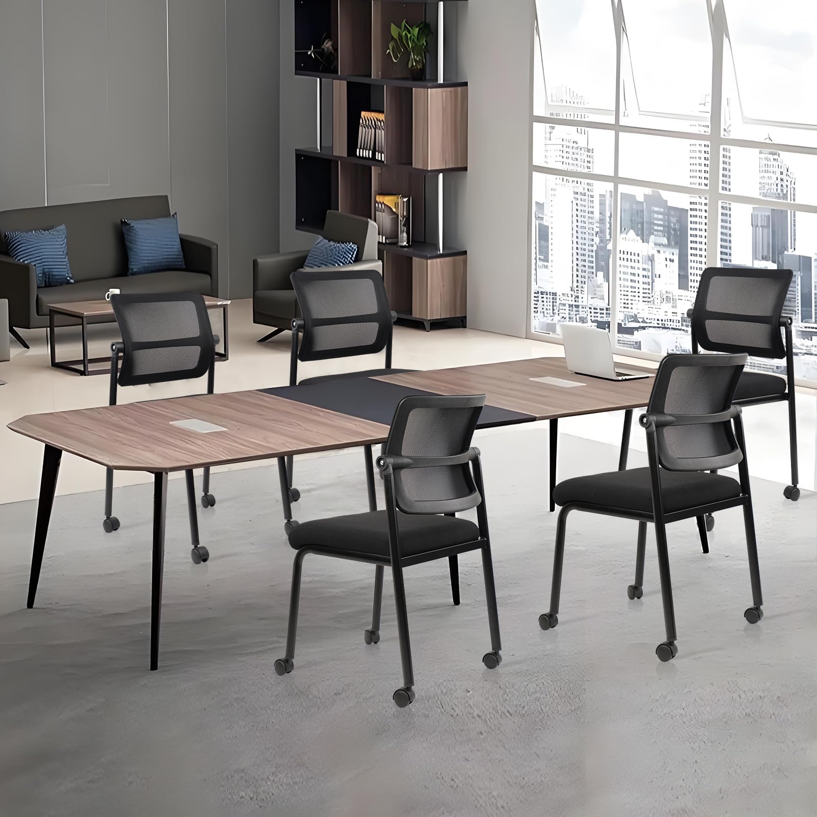Stacking Armless Office Waiting Room Chair with Wheels, Stackable Mesh Guest Reception Desk Chairs with Adjustable Backrest for Conference Lobby Side School, Black
