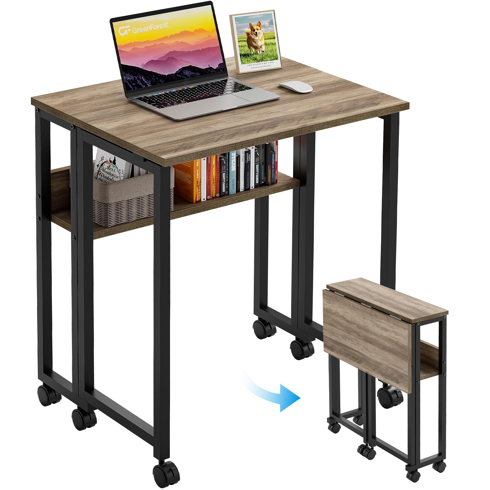 Folding Desk with Wheels, 31.5 Inch Compact Rolling Computer Table with Storage Shelf, Portable Mobile Workstation for Small Spaces, Easy Assembly, Grey Wash