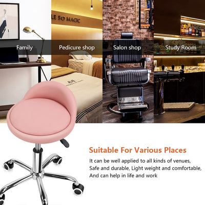 PU Leather Round Rolling Stool with Back Rest Height Adjustable Swivel Drafting Work SPA Task Chair with Wheels Pink