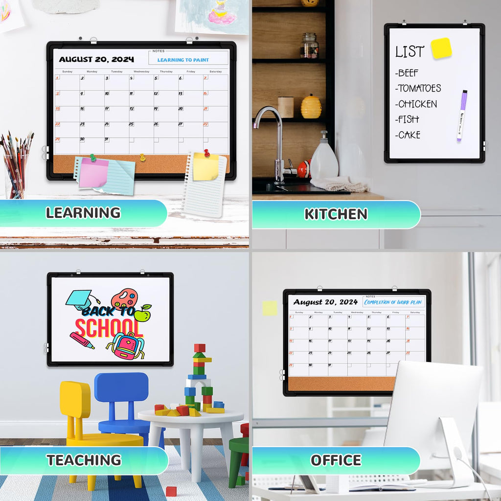 Monthly Calendar Whiteboard for Wall, 24x18 Inches Dry Erase Board with Cork Board Combo, Magnetic White Board, Double-Sided Hanging Portable Board for Office School Home Kitchen Planner, Black