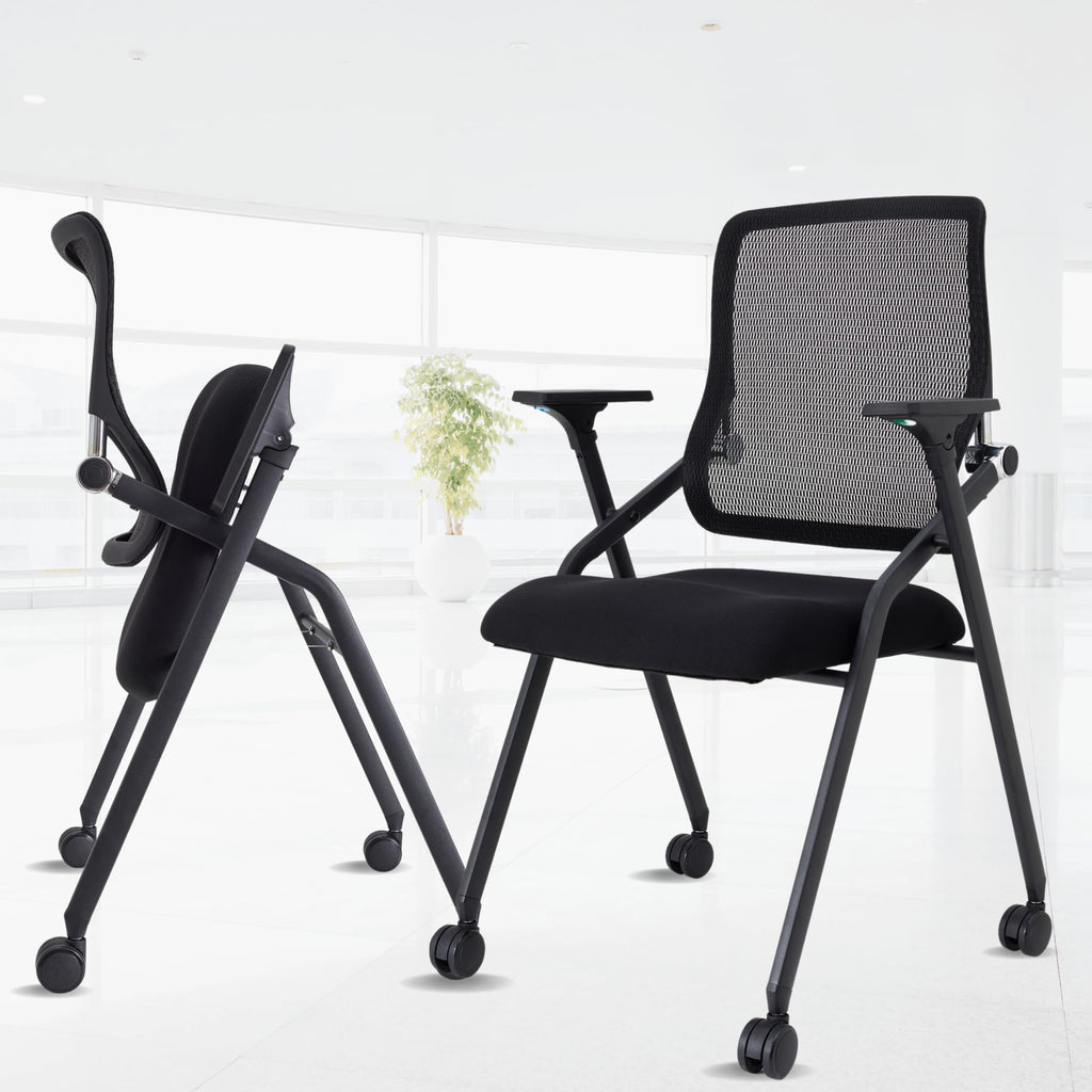 2 Pack Stackable & Foldable Conference Room Chairs with Lumbar Support, Armrest - Ergonomic Mesh Bouncing Back for Office Meeting, Conference, Reception and Training Room Chair