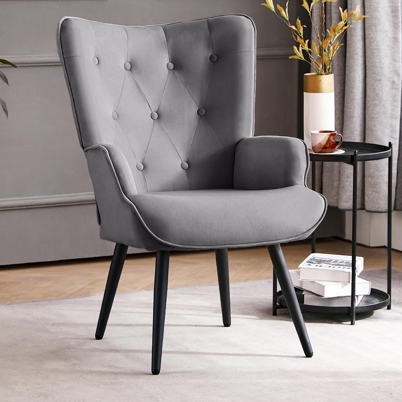 Modern Accent Chair, Velvet Tufted Button Wingback Chair Upholstered Side Armchair Comfy Lounge Chair with Tapered Legs Sofa Leisure Chair for Home Office/Living Room/Bedroom, Grey