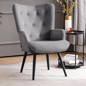 Modern Accent Chair, Velvet Tufted Button Wingback Chair Upholstered Side Armchair Comfy Lounge Chair with Tapered Legs Sofa Leisure Chair for Home Office/Living Room/Bedroom, Grey