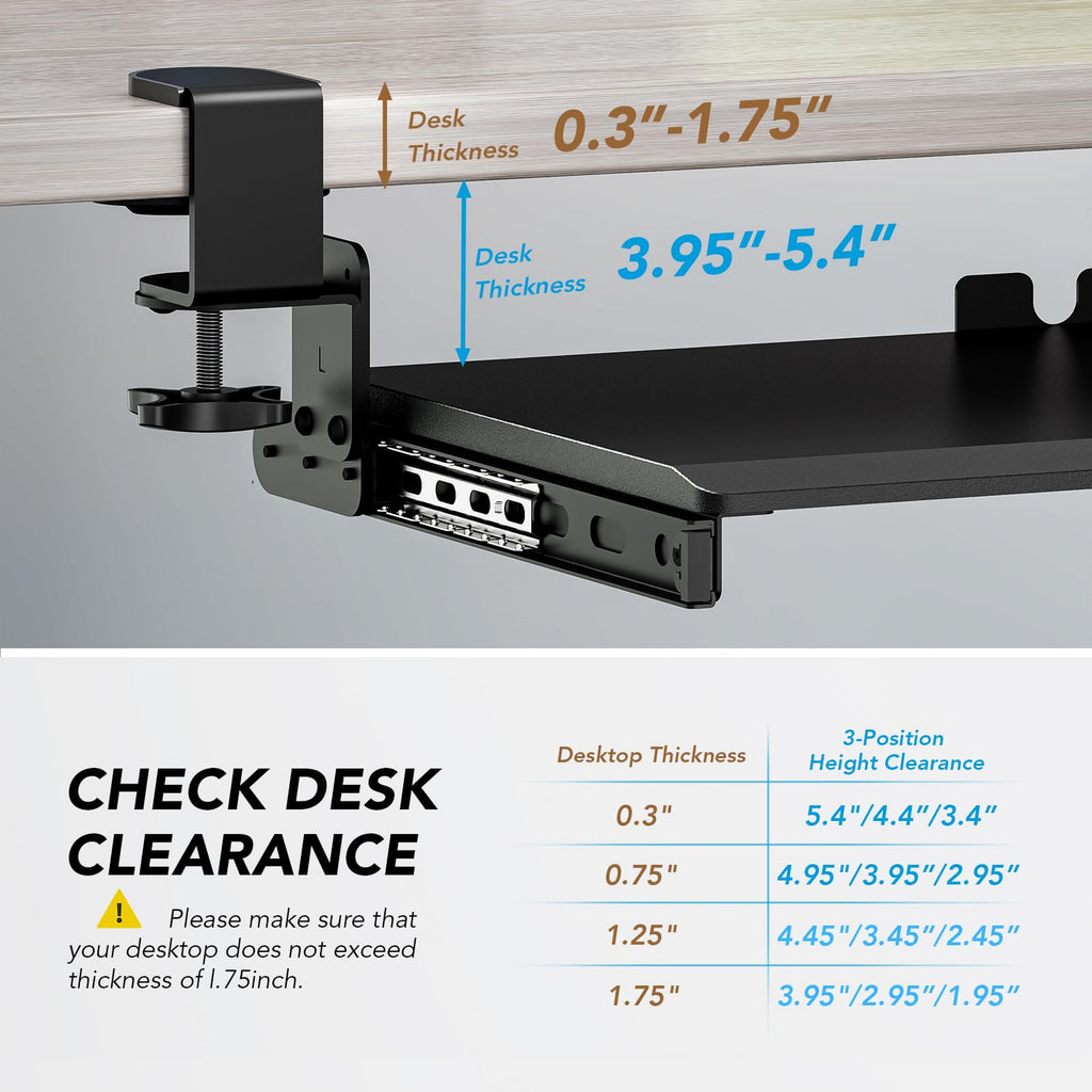 Keyboard Tray Under Desk Pull Out with Extra Sturdy Adjustable C Clamp Mount System, 27.3 (32.5 inch Including Clamps) x 11 Inch Slide-Out Platform Computer Drawer for Typing, Black,AX01WB01