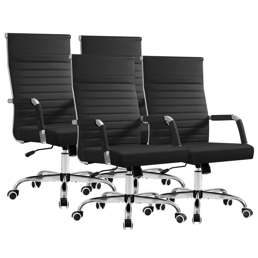 (4 pcs, Black) Ergonomic Office Desk Chair, Executive Ribbed Mid-Back PU Leather Conference Room Chair Adjustable Swivel Chair with Arms