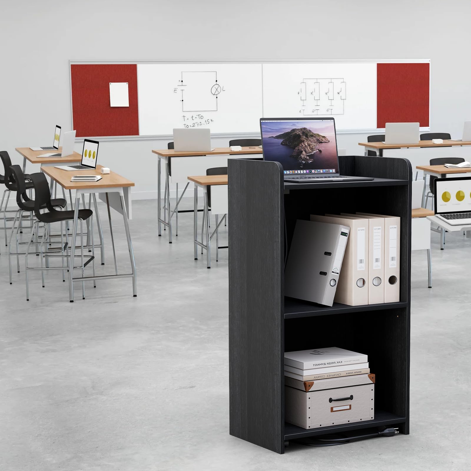 Podium Stand - Portable Podium Stand with 4 Rolling Wheels, Pulpits for Churches with Adjustable Shelf, Hostess Stand, Mobile podiums for Church, Classroom, Office (with Charging Station)