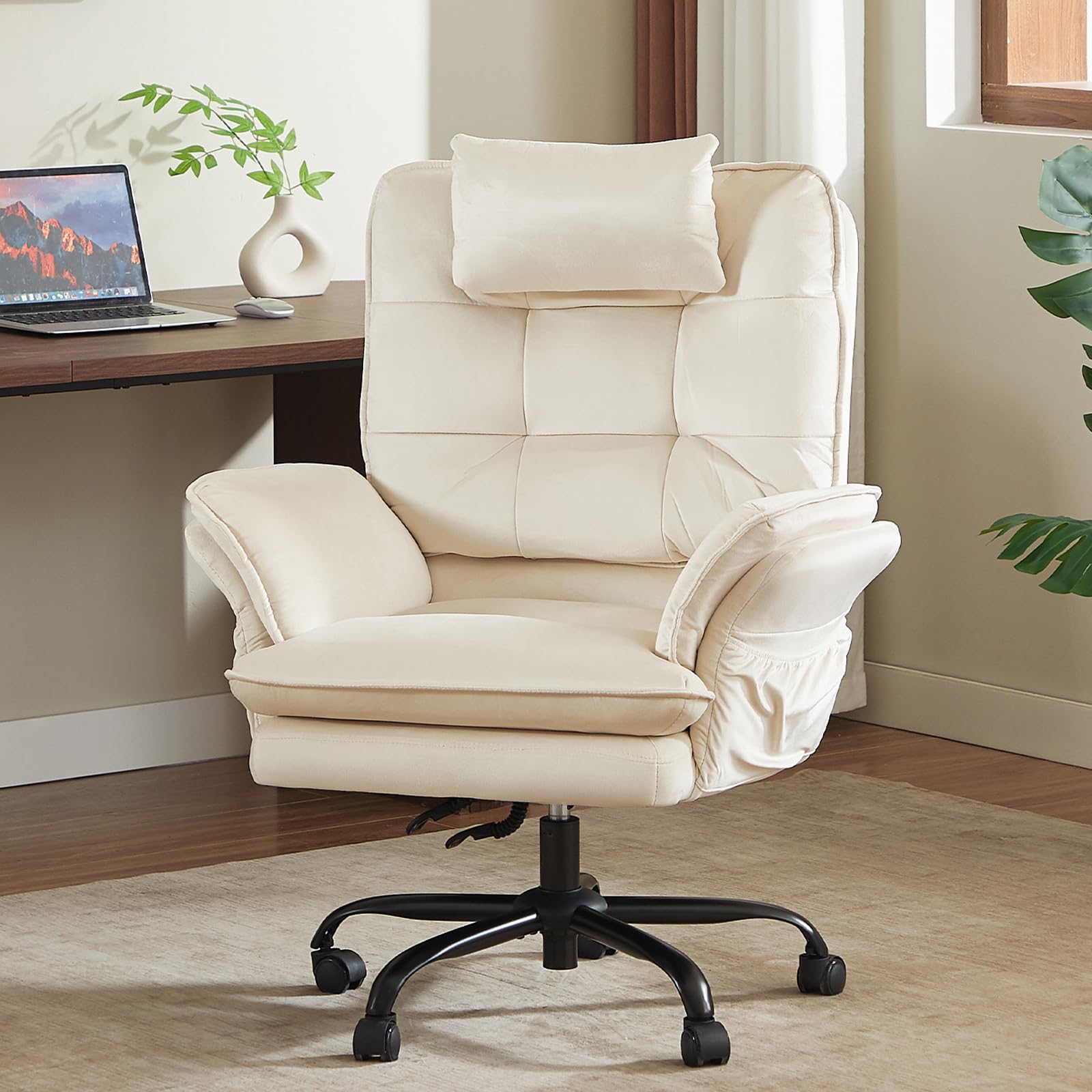 Criss Cross Chair with Flip-Up Armrests, Swivel Makeup Vanity Chair with Wheels & Side Pockets, Cross Legged Office Chair for Home Office, Bedroom (Beige Velvet, High Back)