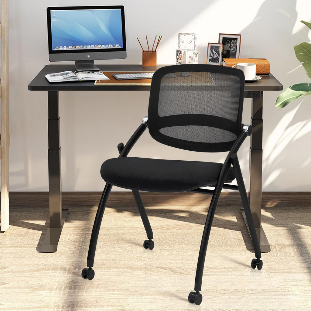 Stackable & Foldable Chairs with Wheels, Reception Guest Chairs with Lumbar Support, Ergonomic Curved Mesh Back Folding Chair for Office Meeting Schools Training Conference Waiting Room, Black