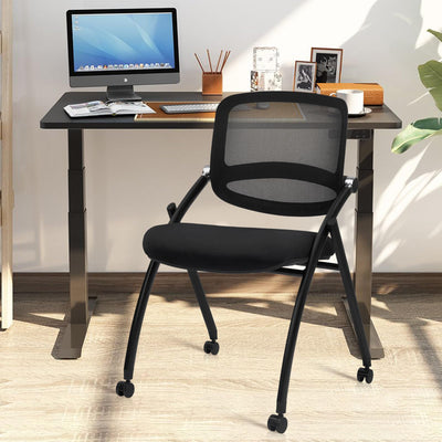 40PACK, Stackable & Foldable Chairs with Wheels, Reception Guest Chairs with Lumbar Support, Ergonomic Curved Mesh Back Folding Chair for Office Schools Conference Waiting Room, Black,