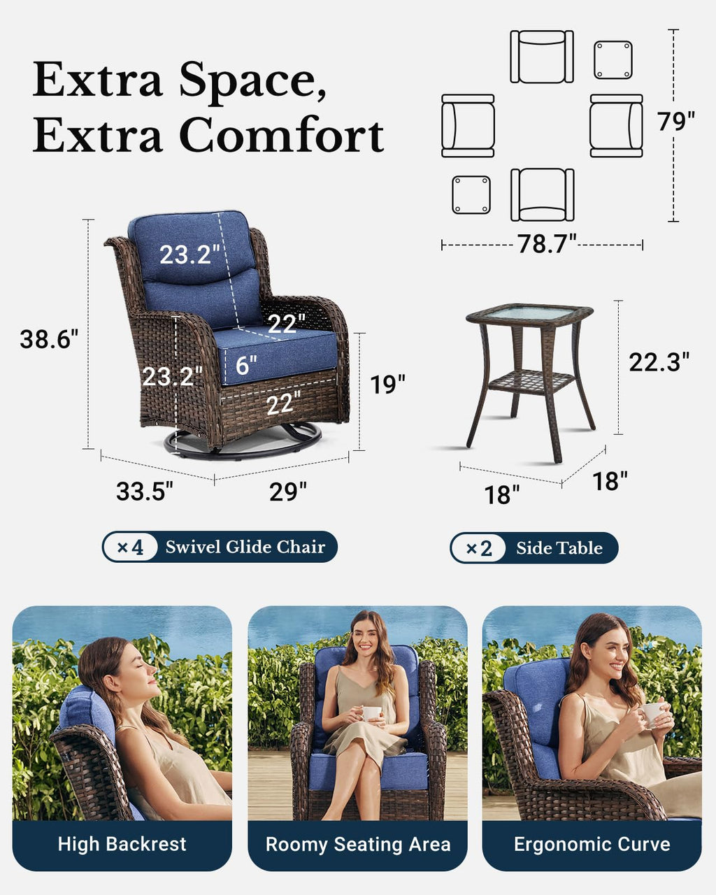 Luxury Patio Furniture Set with 6-inch Thick Cushion, Outdoor High Back Swivel Rocker Patio Chairs, 6PCS Wicker Conversation Set for Deck Yard and Poolside, Blue (V2)