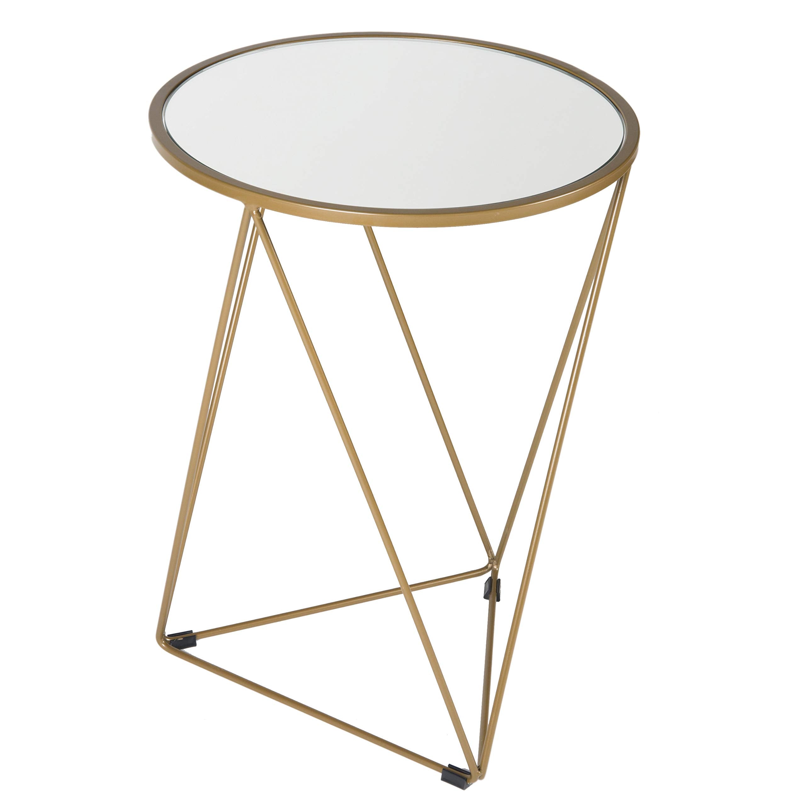 Metal Accent Table Triangle Base Round Mirror Top, Gold