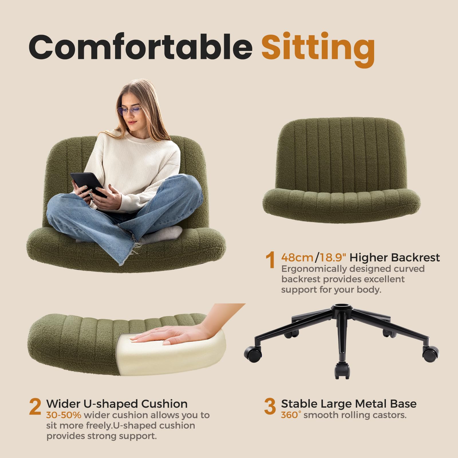 Criss Cross Chair Cross Legged Office Chair with Wheels Armless Wide Seat Desk Chairs Height Adjustable Computer Task Chairs Swivel Vanity Chair for Home Office Bedroom Make Up Small Space Green