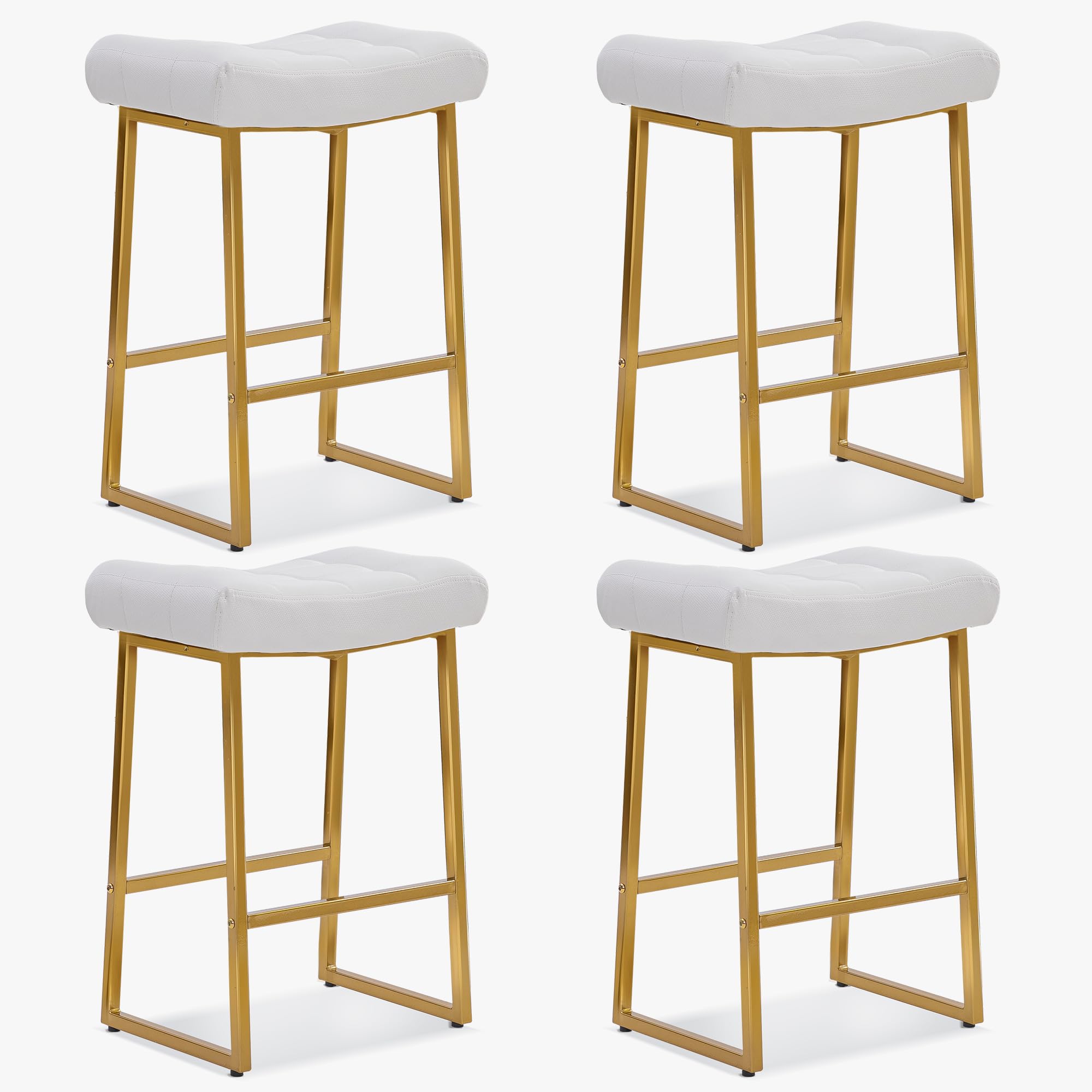 White & Gold Counter Height Bar Stools Set of 4 for Kitchen Counter Backless Kitchen Island Barstools with Upholstered Faux Leather Seat and Gold Base Modern 24 inch Bar Chairs No Back