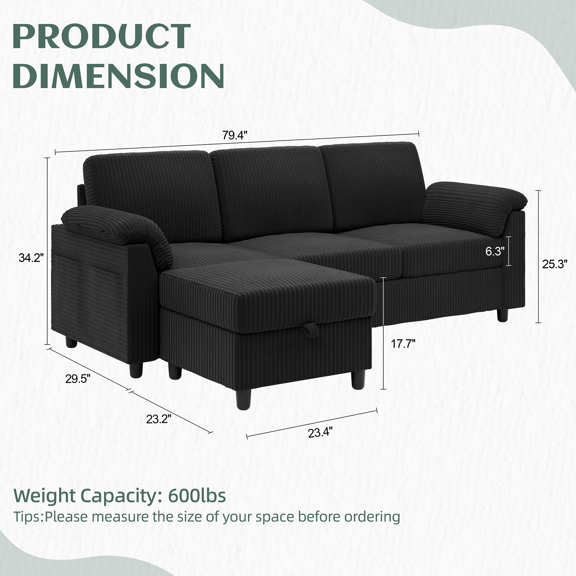 Convertible Sectional Couches, 3 Seat L Shaped Couch Sofa with Removable Pillows Soft Corduroy Fabric Small Couch Mid Century for Living Room, Apartment and Office Black