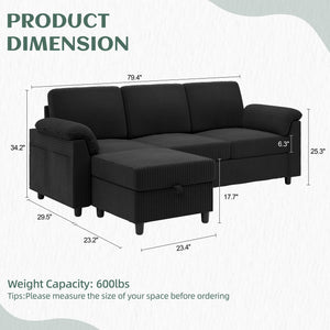 Convertible Sectional Couches, 3 Seat L Shaped Couch Sofa with Removable Pillows Soft Corduroy Fabric Small Couch Mid Century for Living Room, Apartment and Office Black