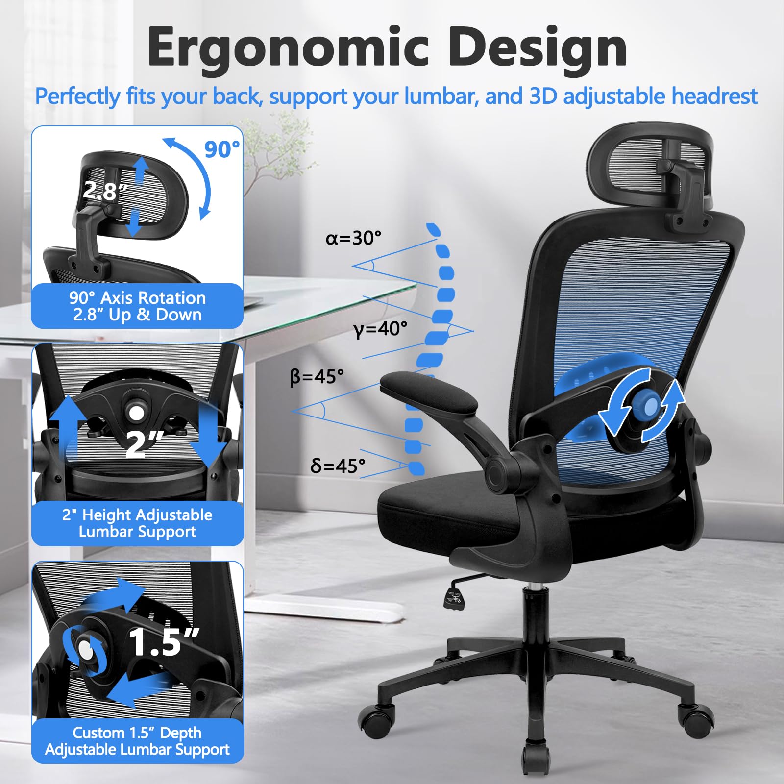 Home Office Desk Chair with Flip Up Armrests, Mesh Back Chair with Adjustable Height Lumbar Support and Headrest, Ergonomic Computer Task Chair for School, Conference, Black