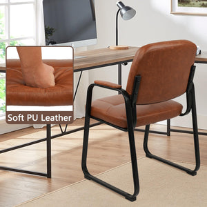 2 Pack, Waiting Room Guest Chair with Bonded Leather Padded Arm Rest for Office Reception and Conference Desk Black with Sled Base Brown