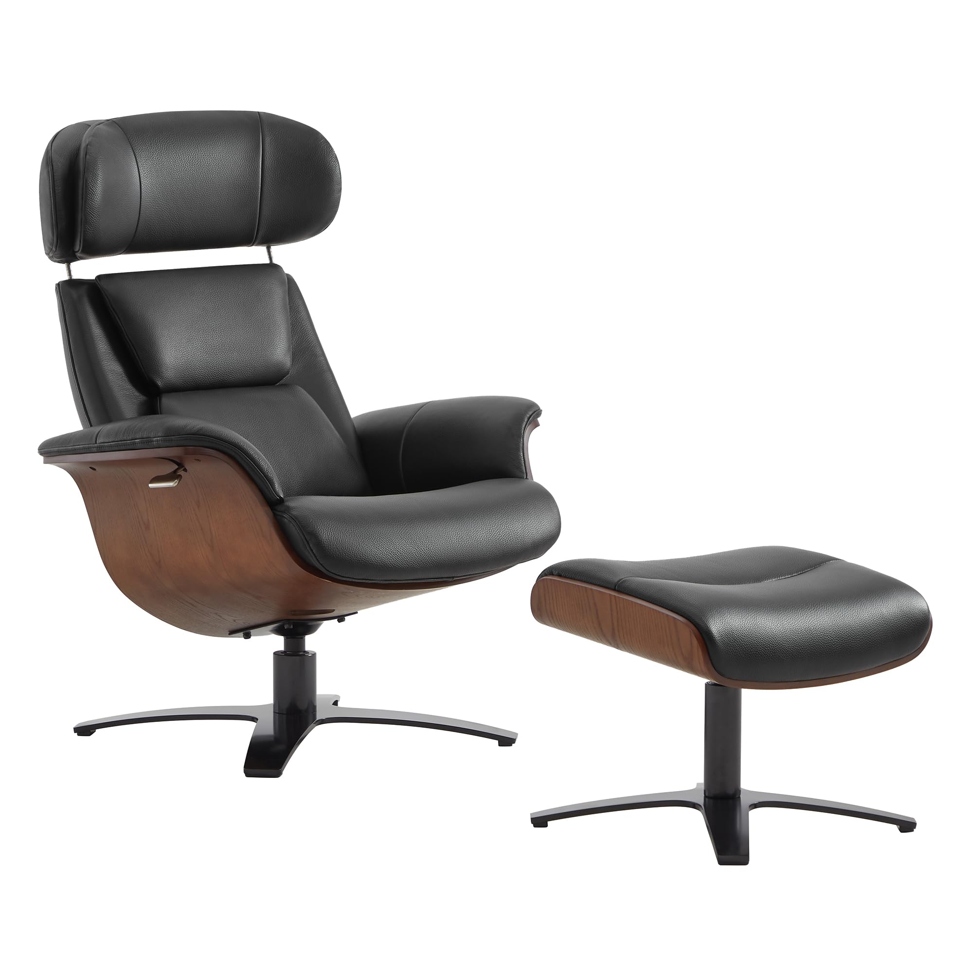 Genuine Leather Reclining Swivel Chair with Adjustable Headrest and Ottoman for Living Room, Black