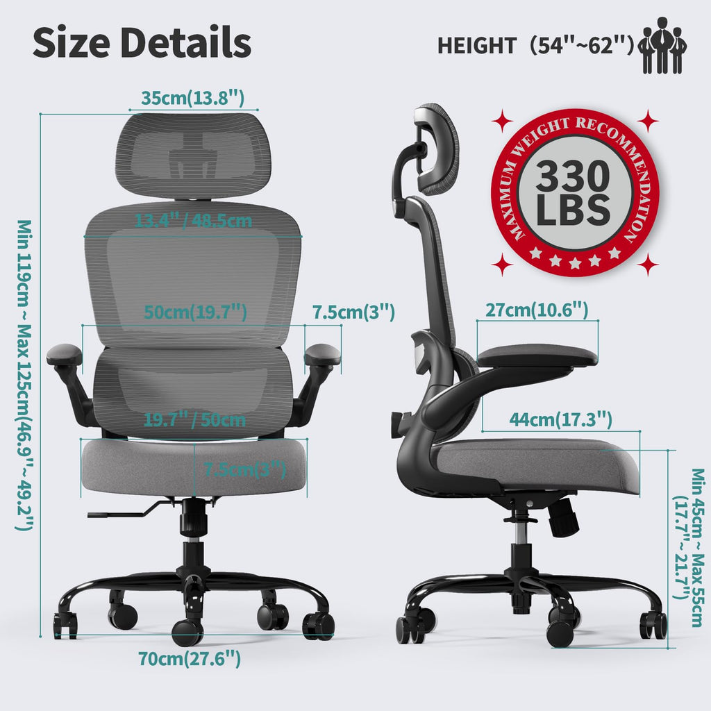 Office Chair Ergonomic Desk Chair, 330 LBS Home Mesh Office Desk Chairs with Wheels, Comfortable Gaming Chairs (Black Grey)