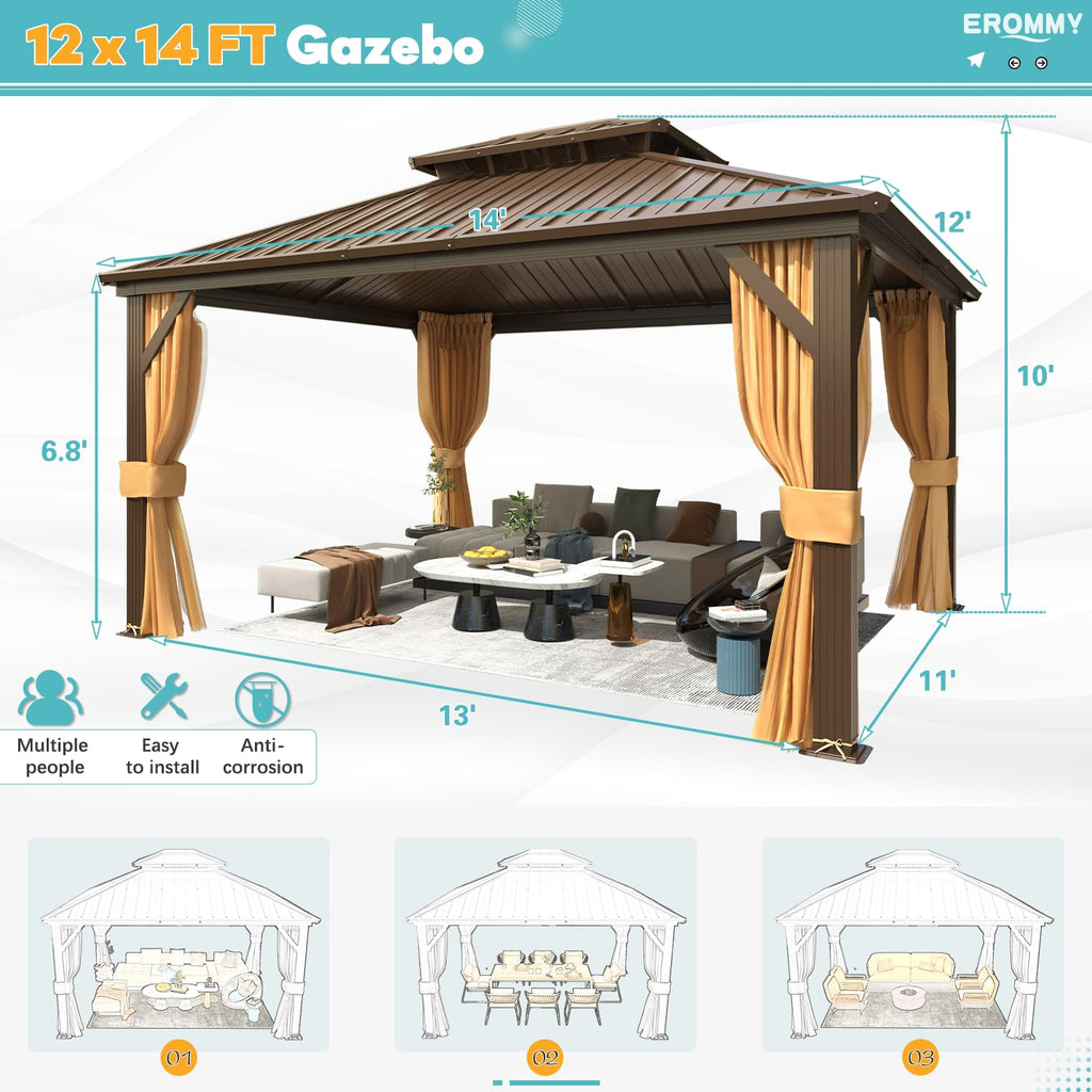 12' x 14' Hardtop Gazebo, Aluminum Frame Gazebos with Galvanized Steel Double Roof, Permanent Outdoor Metal Pavilion with Curtain and Netting for Patio, Lawn, Deck
