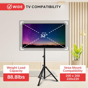Premium LCD Flat Panel TV Tripod Stand, Portable & Foldable TV Mount for LCD/LED Flat Screen TVs up to 32