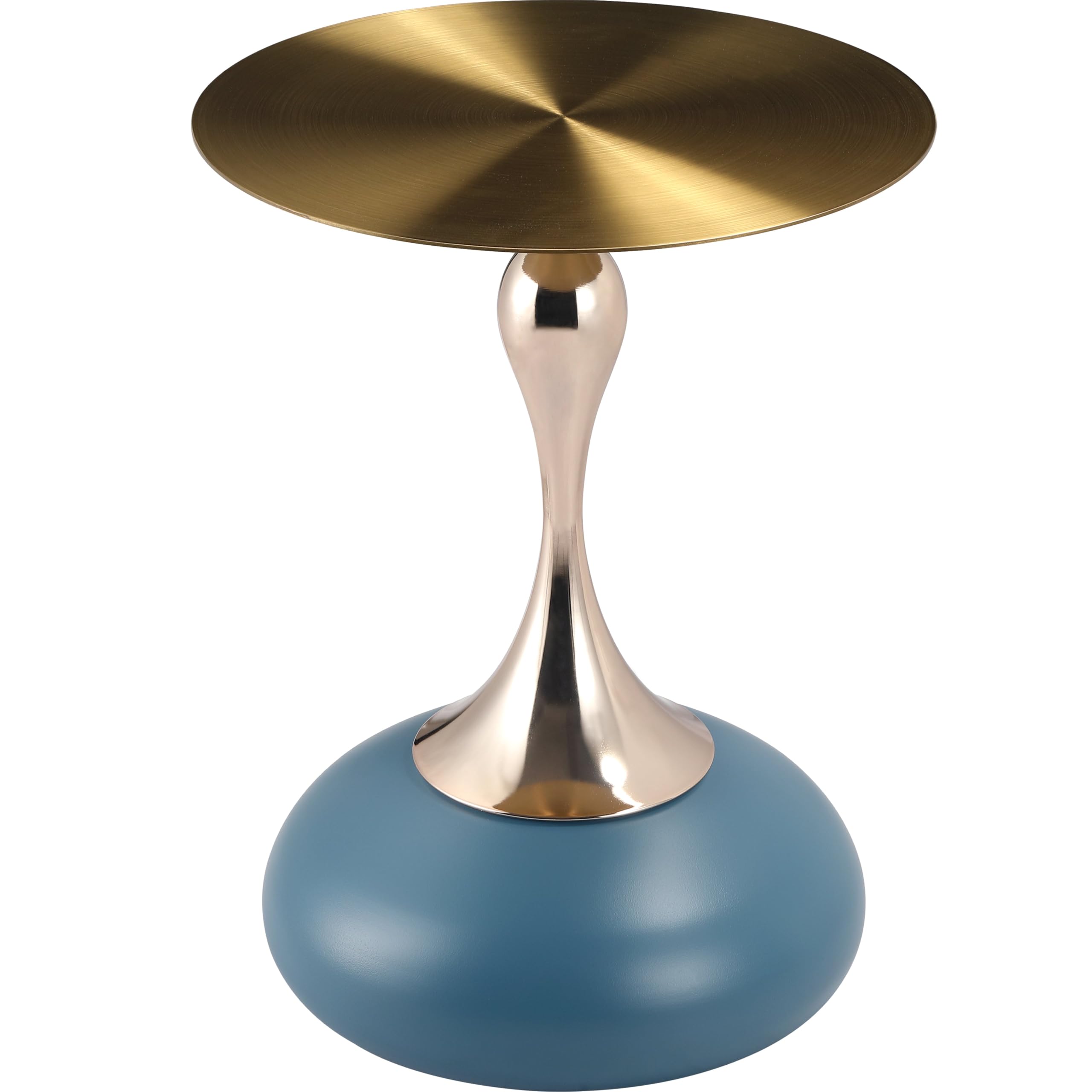 Modern Round Side Table with Gold Stainless Steel Top, Gold Pedestal Stem & Glossy Base, Accent End Table for Living Room, Bedroom, or Small Spaces, 17.7" × 21.6", Blue