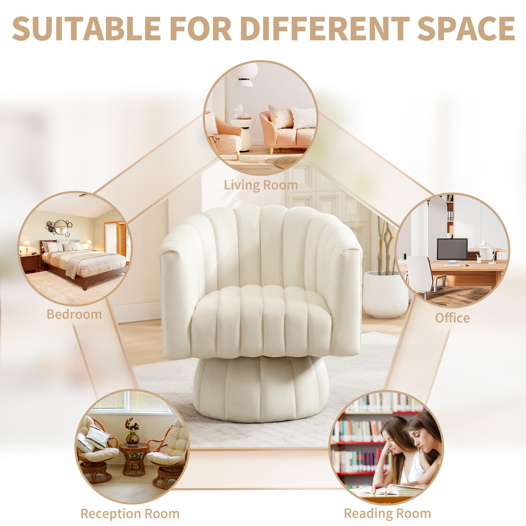Swivel Accent Barrel Chair - Cute Comfy Small Round 360° Arm Chair Velvet Sofa Club Reading Chair for Living Room Bedroom Office Beige