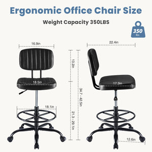 Armless Drafting Chair, Low Back Office Seat with Adjustable Footrest Ring for Standing Desk, Ergonomic PU Leather Office Seating, Swivel Rolling High Stool for Studio, Lab, Counter, Black