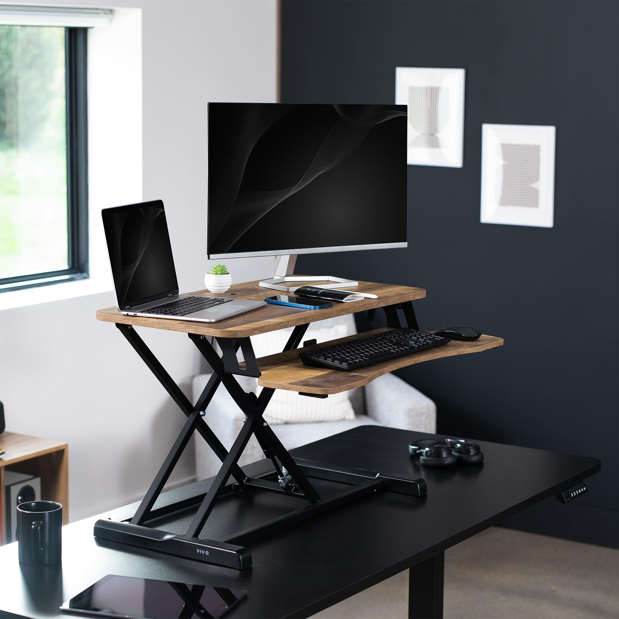 32 inch Desk Converter, K Series, Height Adjustable Sit to Stand Riser, Dual Monitor and Laptop Workstation with Wide Keyboard Tray, Reclaimed Wood Top, Black Frame, DESK-V000KP