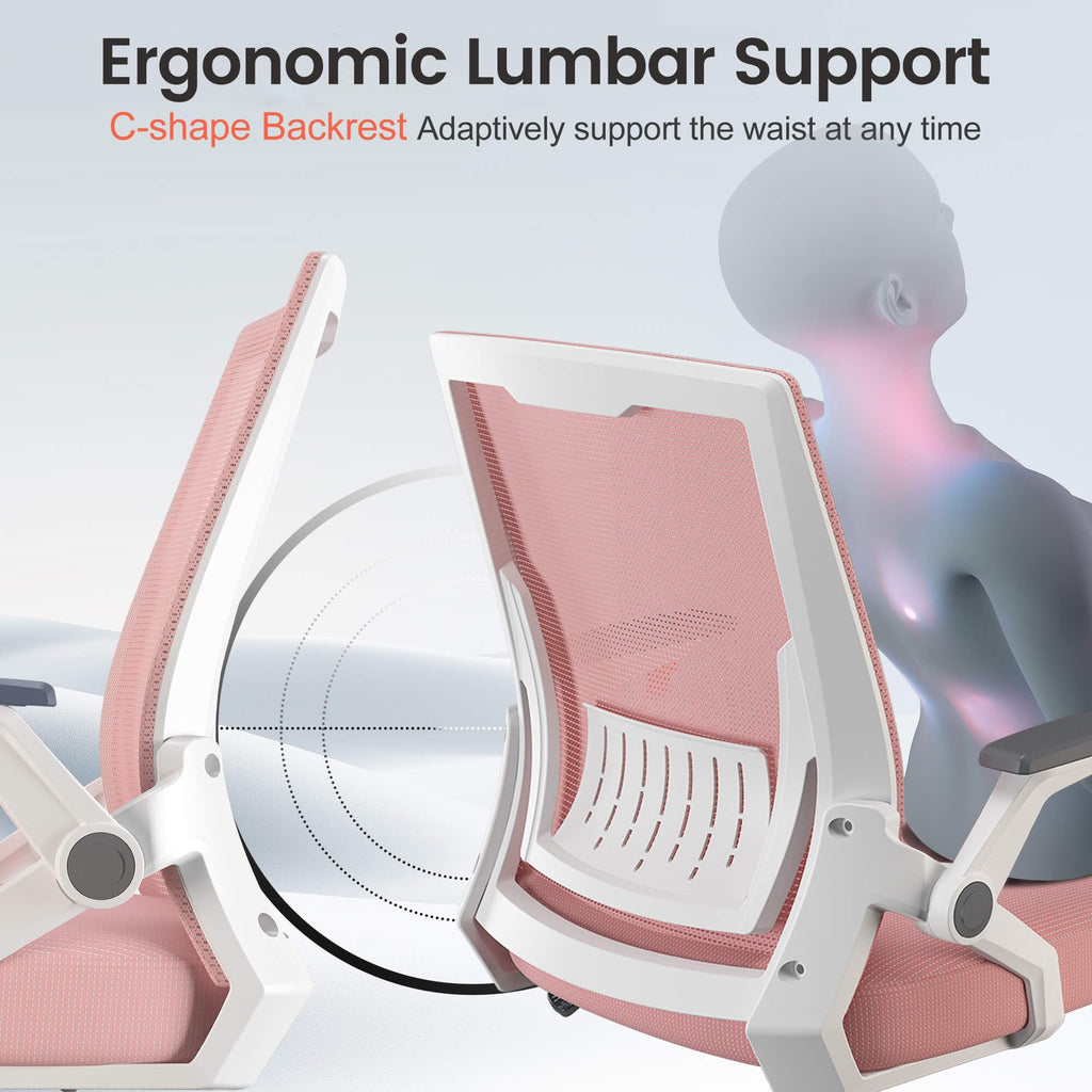 Ergonomic Office Chair with Flip-up Armrests Executive Computer Chair for Home Office, Breathable Mesh & Comfy Lumbar Support, Pink
