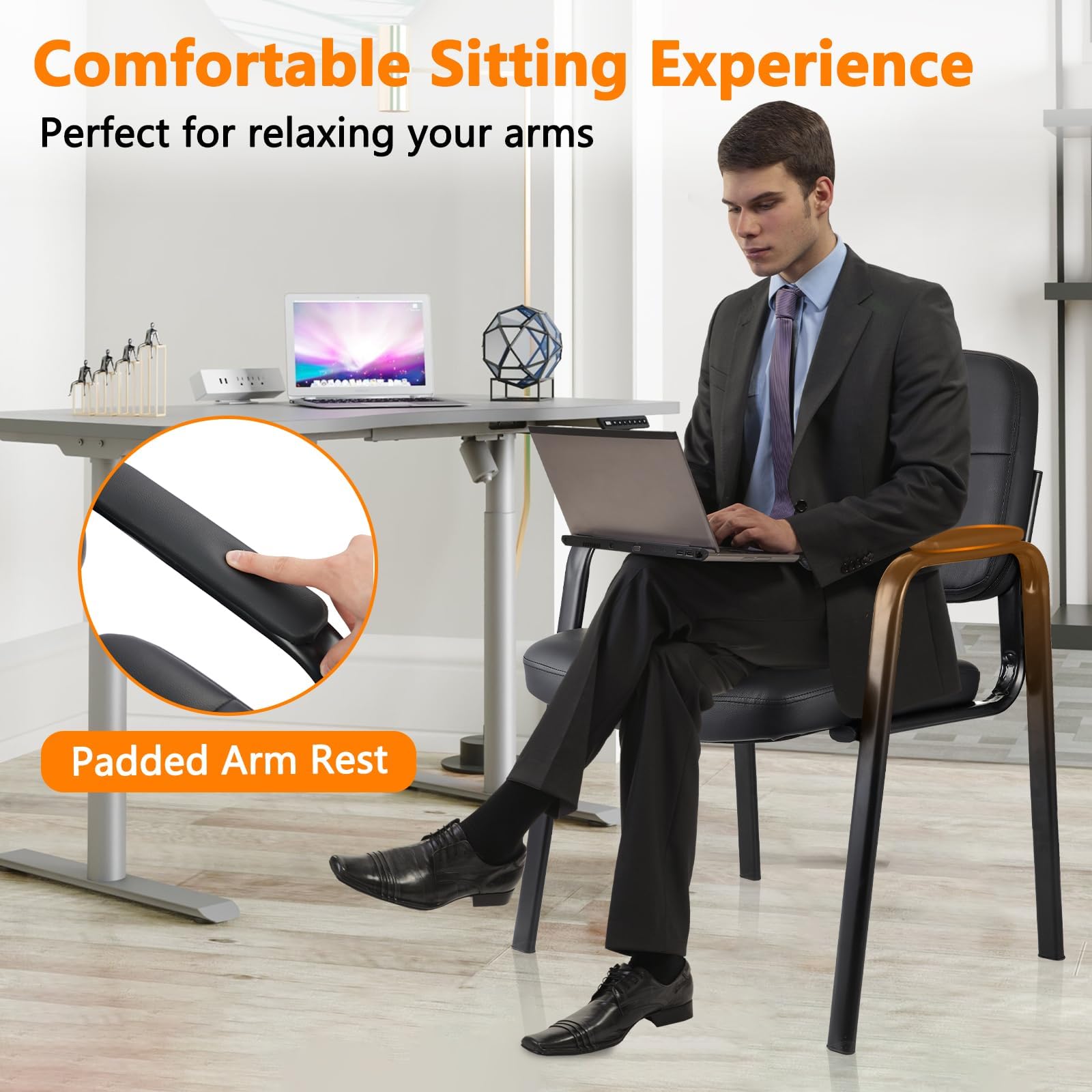 8 Pack, Waiting Room Guest Chair with Bonded Leather Padded Arm Rest for Office Reception and Conference Desk Black