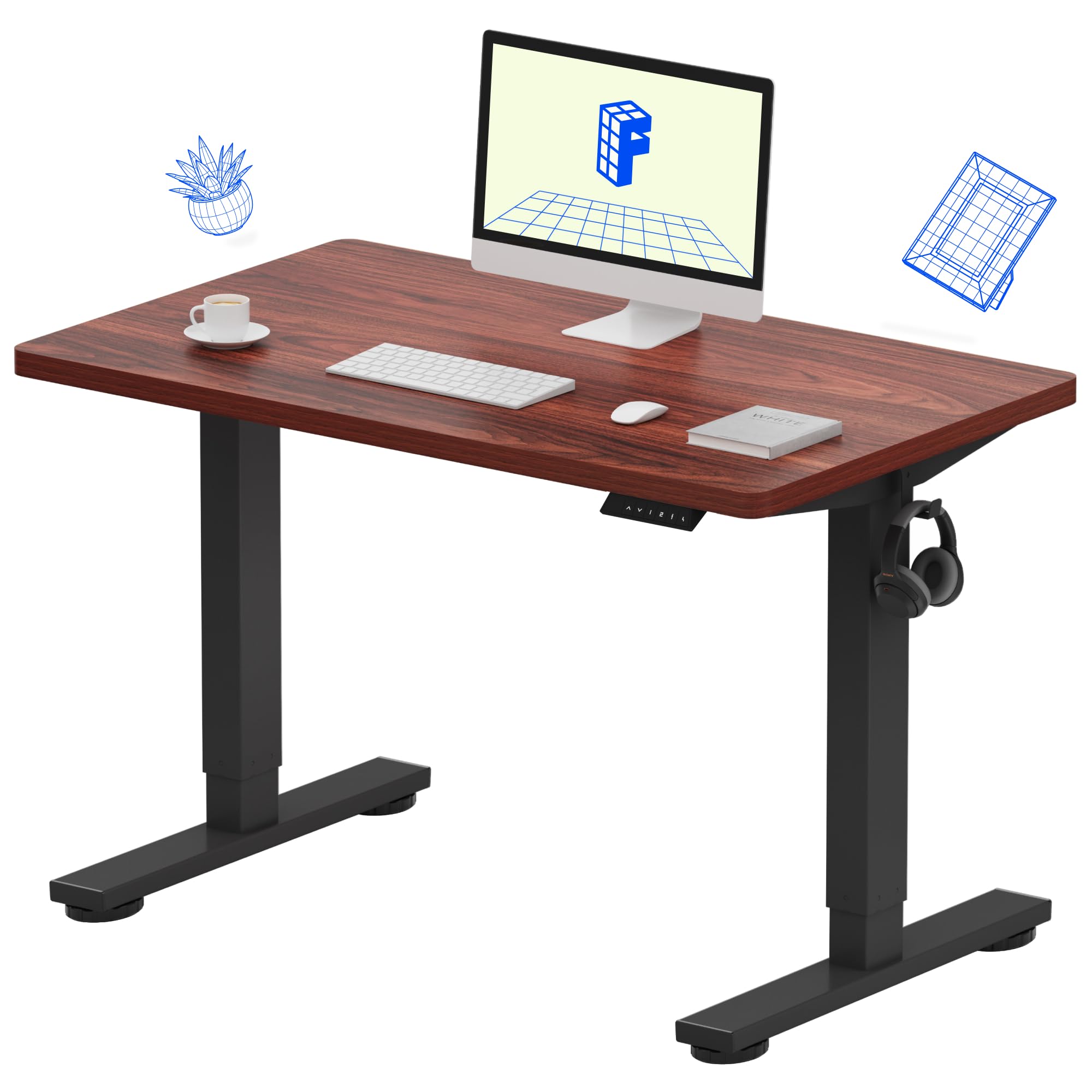 EN1 One-Piece Standing Desk, Electric Adjustable with 4 Memory Presets, 176 LBS Capacity, Stable & Quiet, Seamless Desktop for Home Office & Dual Monitors, 40"x24" Mahogany