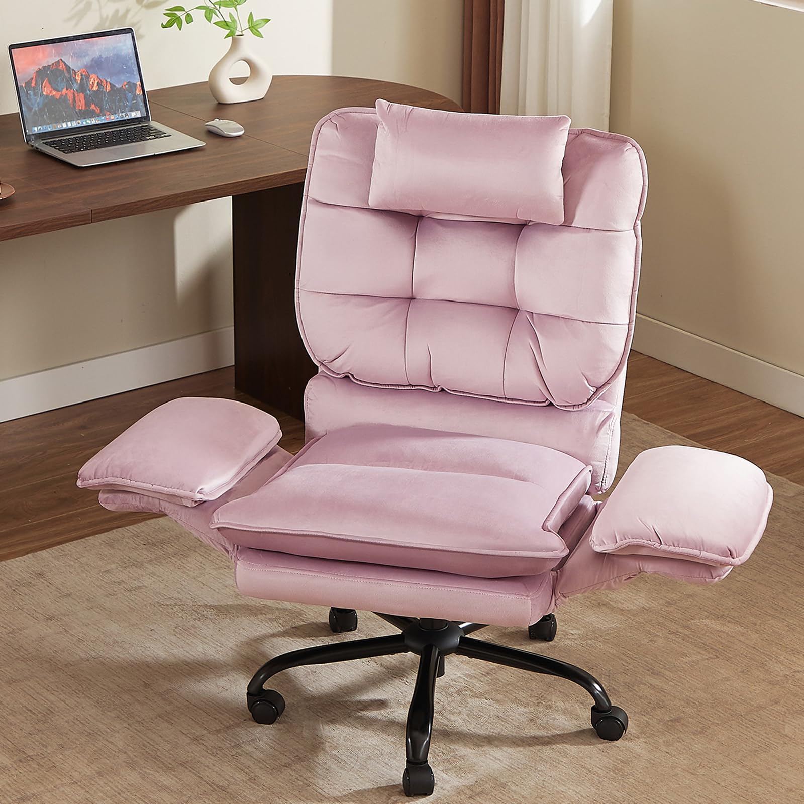Criss Cross Chair with Flip-Up Armrests and Headrest, 135° Reclining Swivel Executive Chair with Side Pockets, Big and Tall Computer Desk Chair for Home Office Bedroom, Pink Velvet