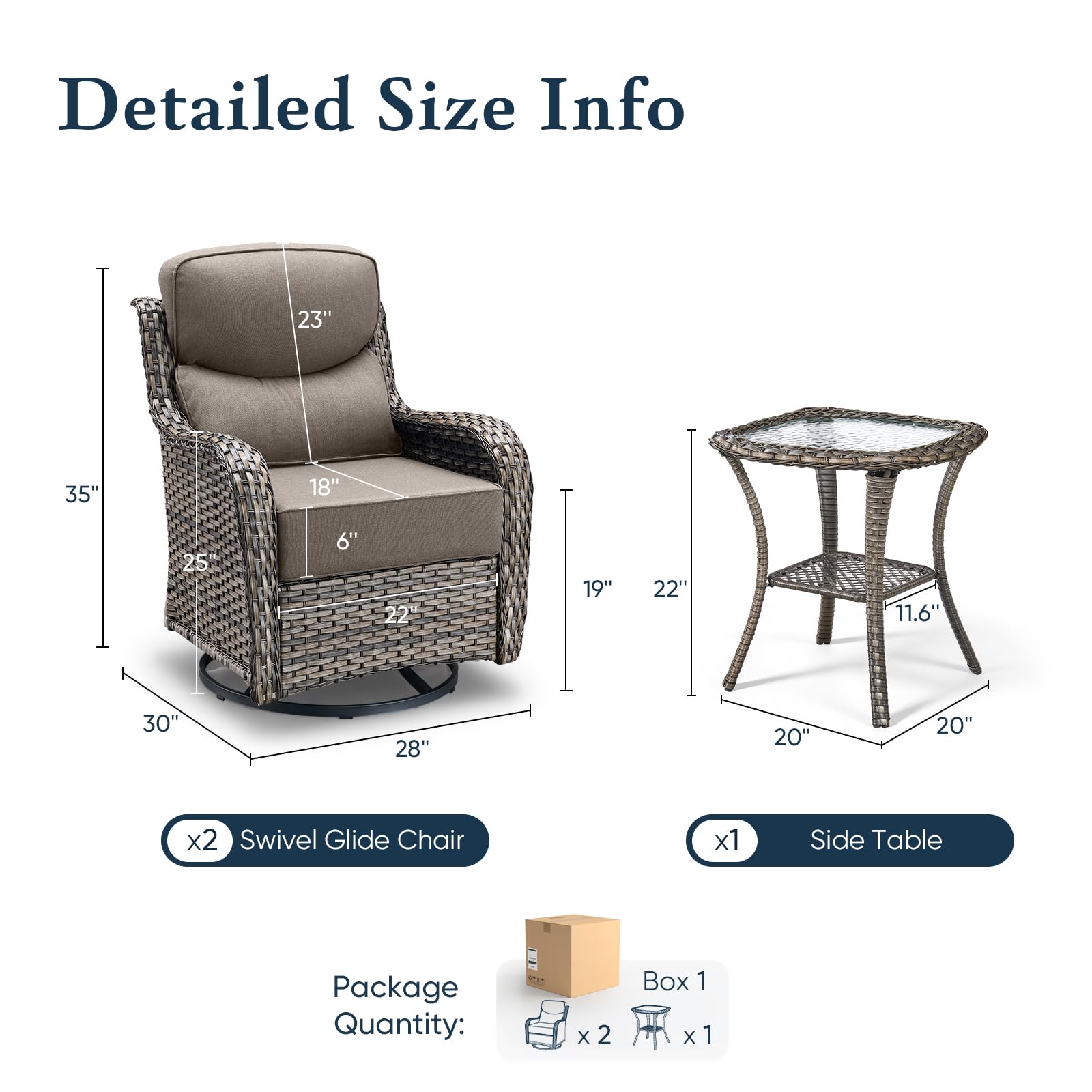 Luxury 6" Thick Cushioned Outdoor Swivel Rocker Patio Chairs with Side Table, High Back Wicker Furniture Set with Ergonomic Zone Back, Conversation Glider Set for Deck Porch - Grey+Grey