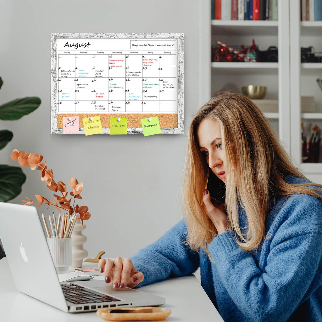 Dry Erase Calendar for Wall, 17x13 Inches Whiteboard Calendar Cork Board Combo, Magnetic Small White Board with Wood Framed, Hanging Dry Erase Board for Office Kitchen Home Planner Memo