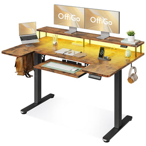 U Shaped Electric Standing Desk with Keyboard Tray, 55 Inch Height Adjustable Desk with Power Outlets & LED Lights, Sit Stand Table with Monitor Stand for Home, Office, Rustic Brown