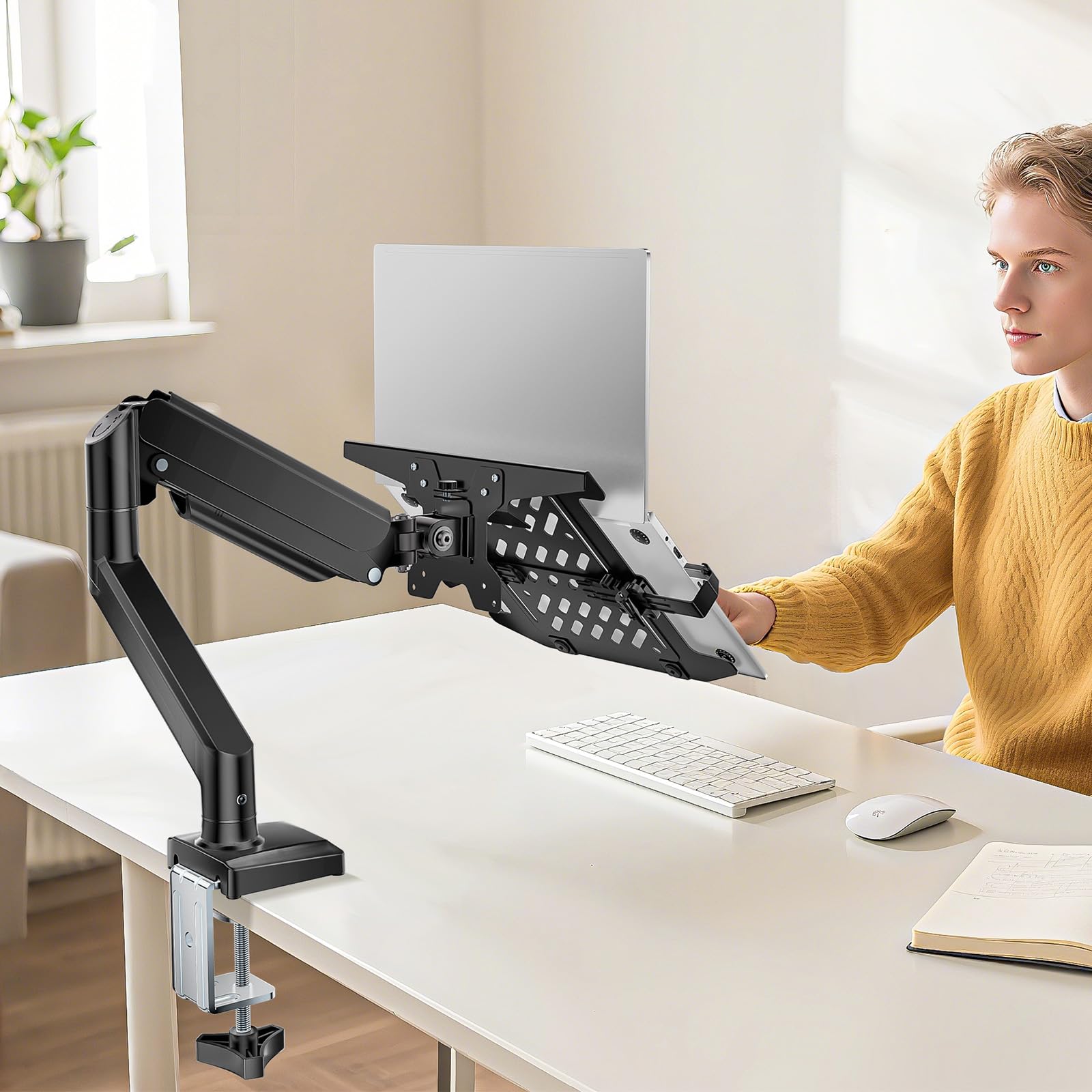 Single Arm Laptop and Monitor Desk Mount for 17" Notebook and Up to 32" Screen, 2-in-1 Adjustable Monitor Arm with Laptop Tray, VESA 75x75 100x100,Holds 22-26.4 lbs, Black (GSMP001NLP)