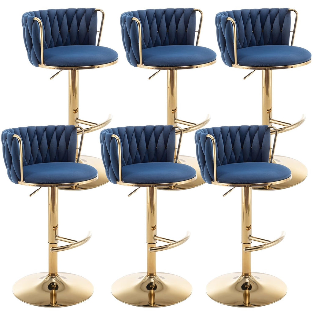 Gold Velvet Bar Stools Set of 6, Swivel Counter Height Bar Stools with Back, Adjustable Woven Barstools for Kitchen Island, Pub, Club (Blue)