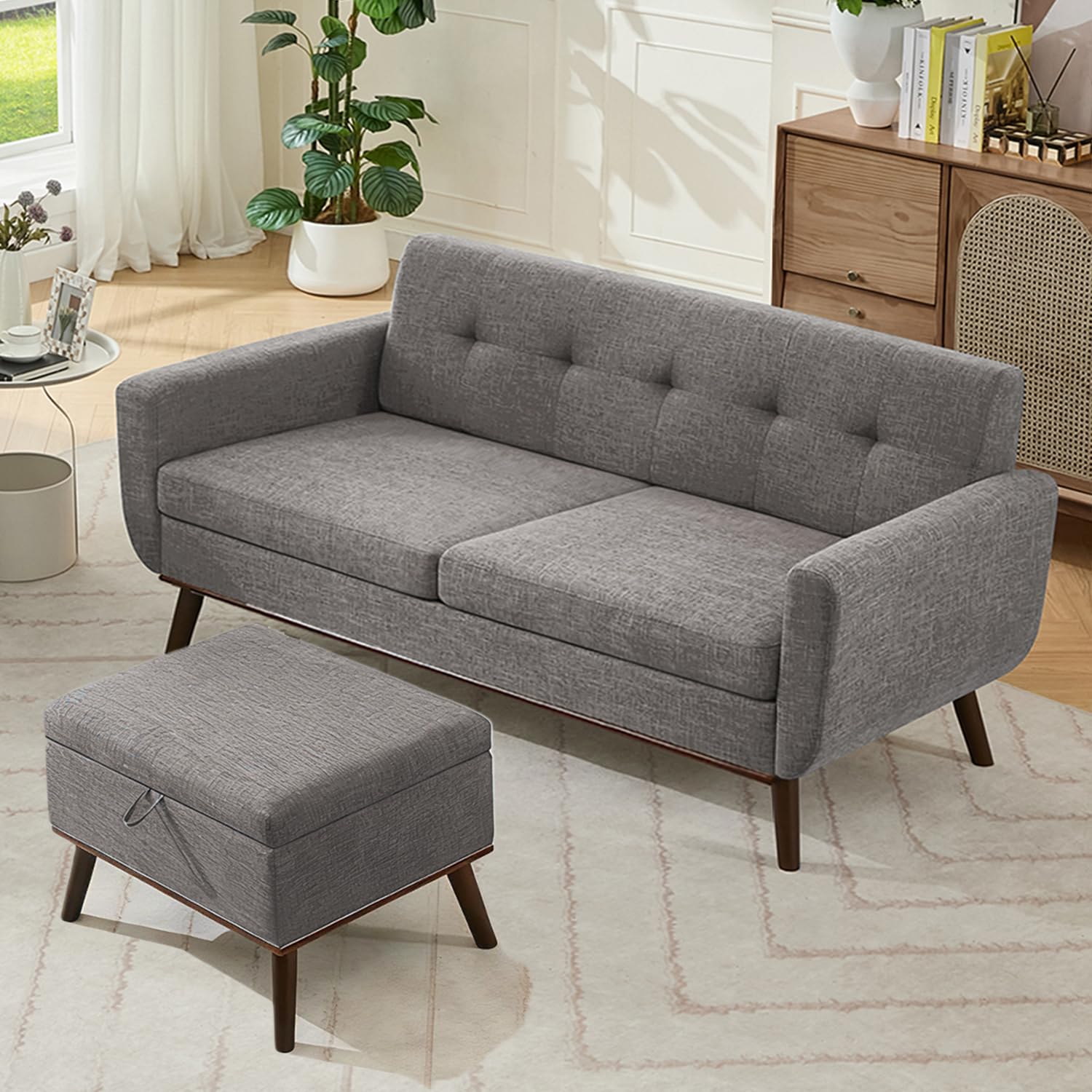 Living Room Furniture Sets, Standard & Ottoman, Mid Century Modern Decor Sofa Couches, Button Tufted Upholstered Furniture, Gray