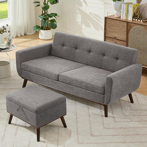 Living Room Furniture Sets, Standard & Ottoman, Mid Century Modern Decor Sofa Couches, Button Tufted Upholstered Furniture, Gray