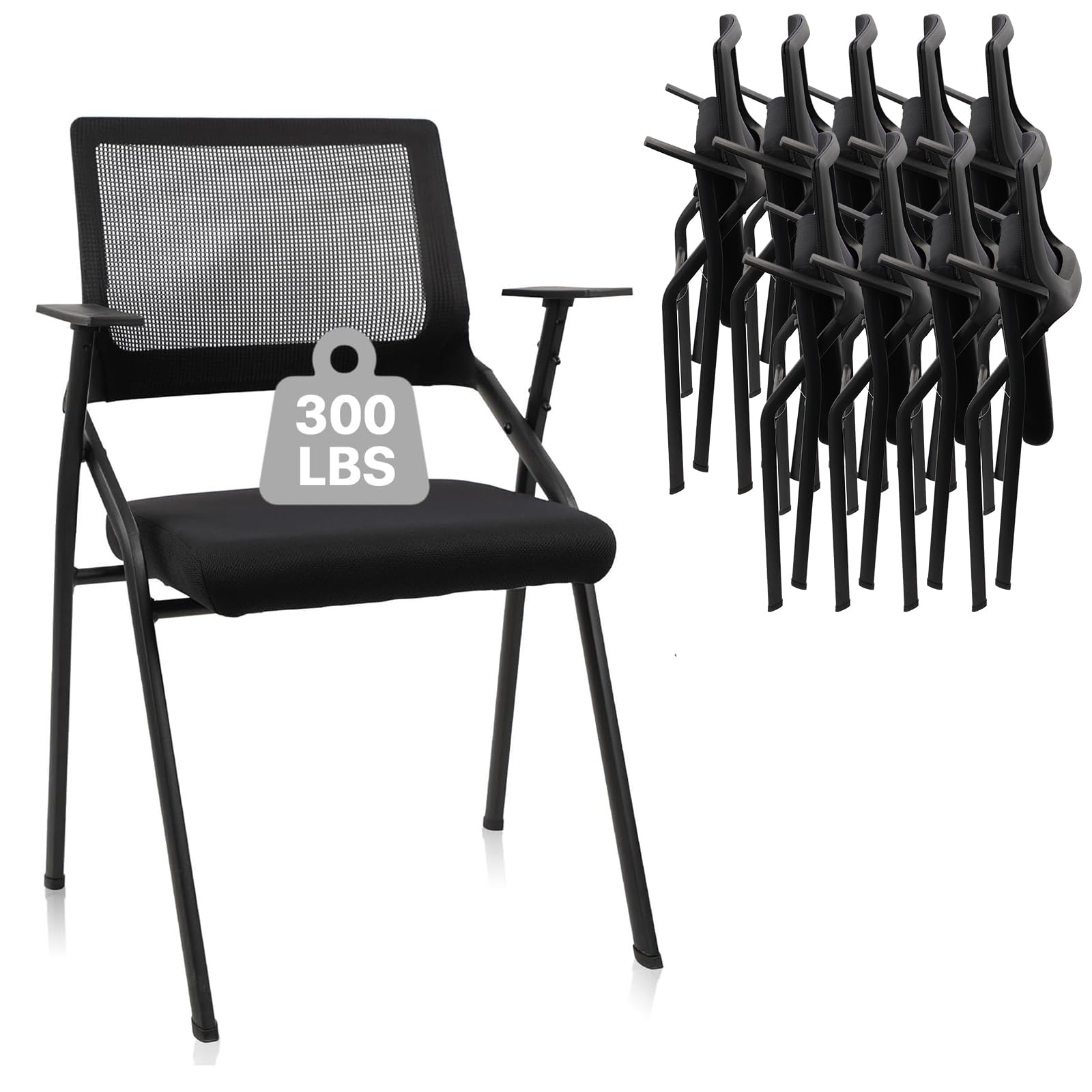 Black (10pk), Stackable & Foldable Office Chairs with Ergonomic Lumbar Support and Thickened Seat Cushion, Folding Mesh Fabric Reception Guest Chair for School Church Lobby Conference Room,